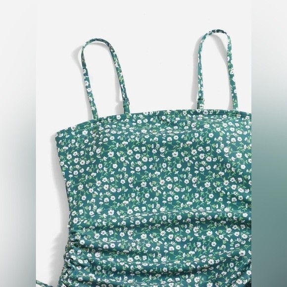 Romwe Green & White Floral Print Side Drawstring One Piece Swimsuit Size Large - Picture 13 of 15